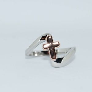 Sterling Silver Rose Gold Two Tone Cross, Size 7